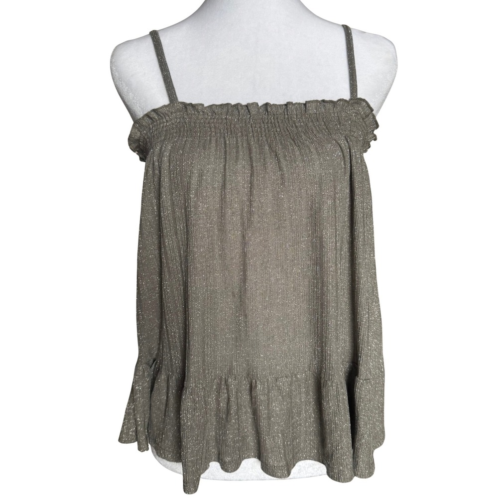 Amadi Metallic Shimmer Pleated Cami Top Silver Grey Smocked Ruffle Hem Small